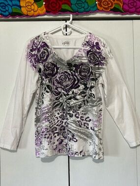Style & Co XL Y2K True Vintage Long Sleeve V-Neck Top Rhinestone Purple Roses